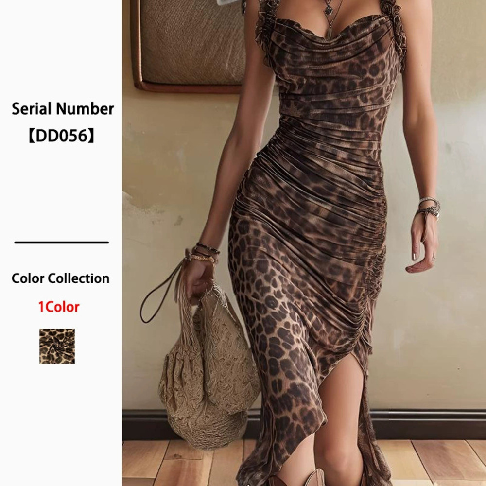 ZARA Womens Sexy Leopard Print Spaghetti Strap Cinched Waist Pleated Midi Dress